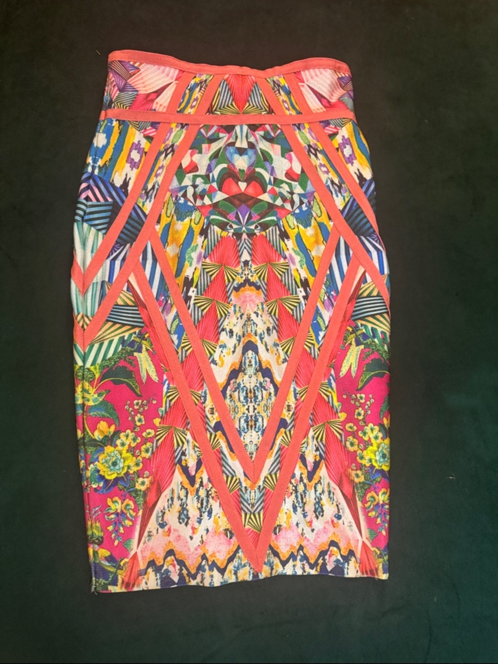 AKIRA Coral & Multicolor Geometric Floral Pencil Skirt